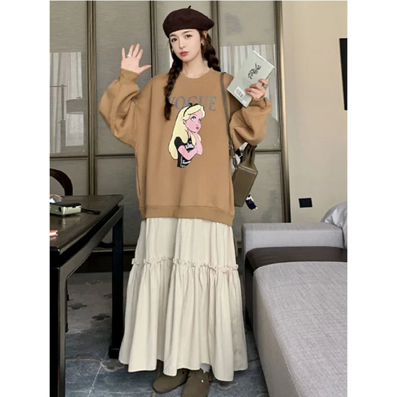 Robe deux pièces en patchwork de tempérament d'automne, t-shirt à manches longues, impression de dessin animé, faux, PVD, décontracté, nouveau