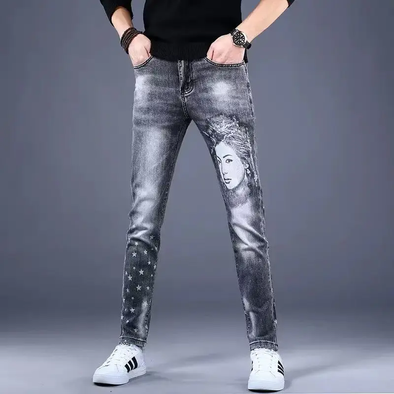 Y2K Spring New Men Beauty Printed Jeans Fashion Slim Small Feet Cargo Jean Pants Brand Quality Man Denim Trouser Pantalon Homme