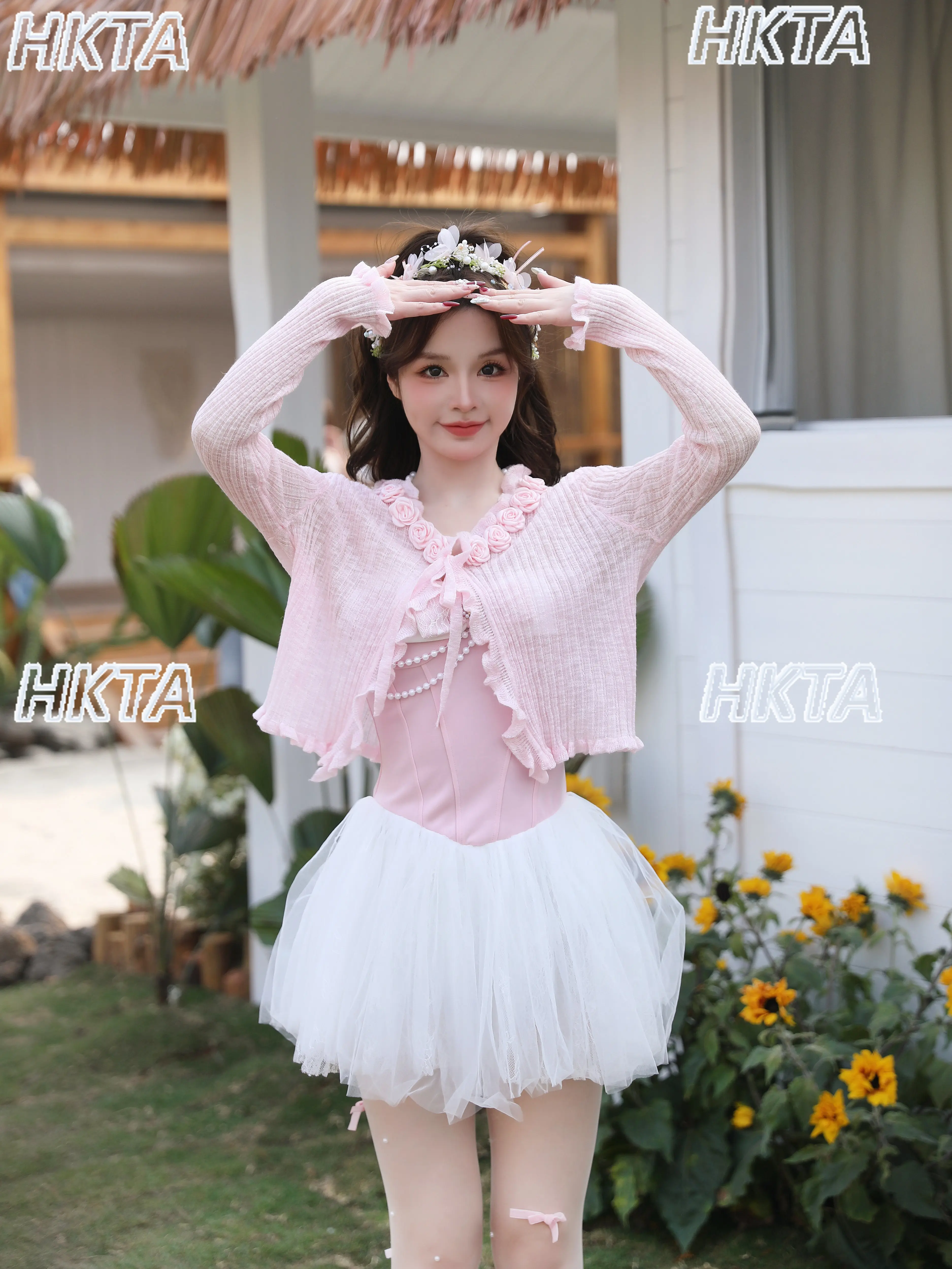 

Elegant Sweet Flower Strap Fungus Edge Loose Hollow Knit Sunscreen Cardigan Top Spring V Neck Long Sleeve Lolita Sweater Women