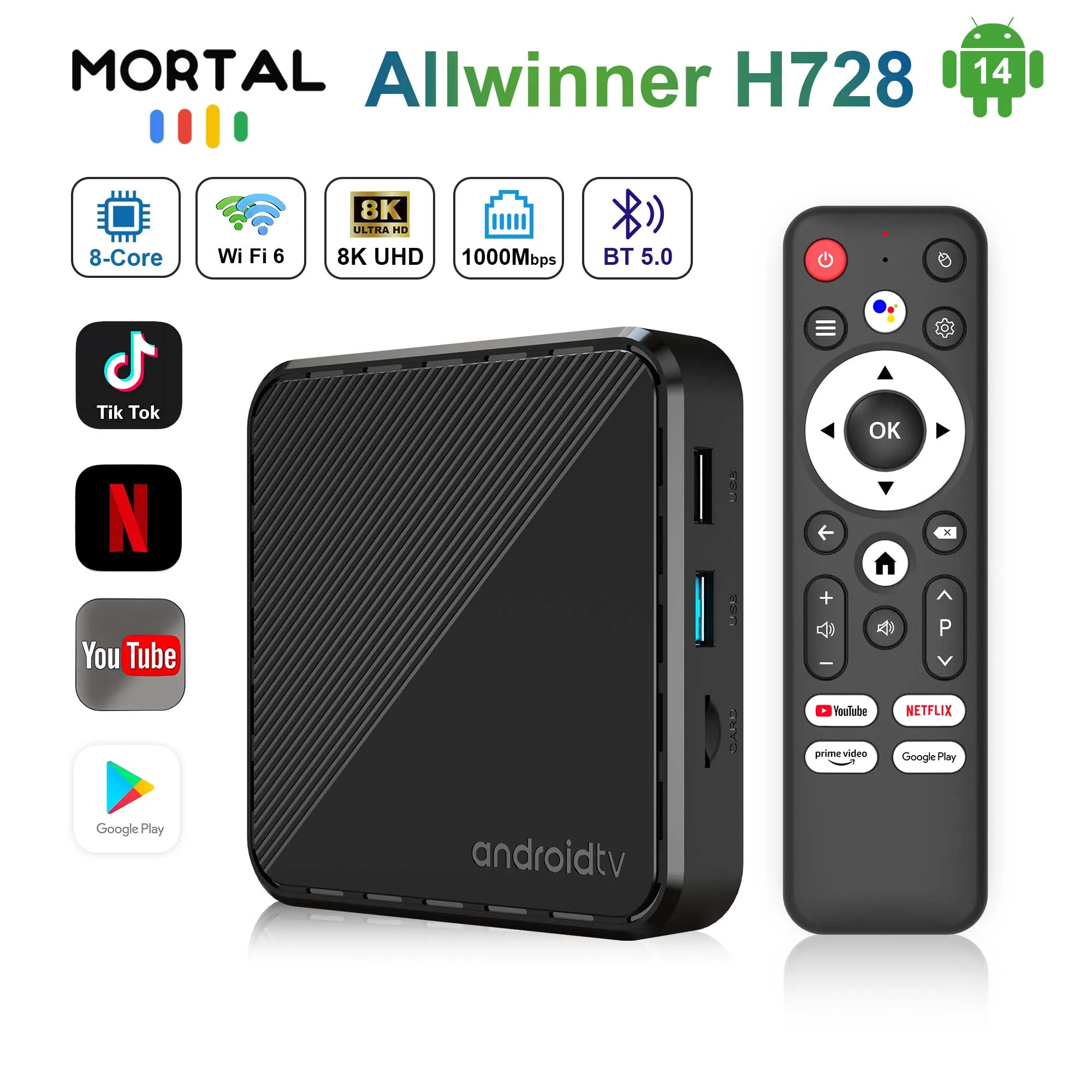 Android14.0 TV BOX Mortal H728 Youtube Google assistant 8K AllwinnerH728 Wifi6 BT5.0 HDR10+ Multi Language Streaming Set Top Box