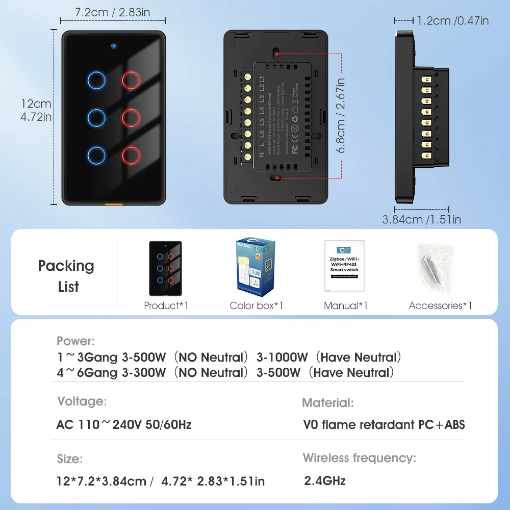 Tuya WiFi Wireless Smart Light Switch RF433 US 110-240V Set Timer 6 Gang Voice App For Tmall Genie, Alexa, Google Home