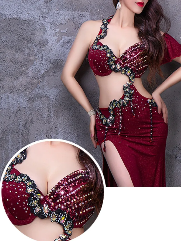 Bra and slit long skirt belly dance dress robe sexy oriental dance baladi shaab performance suit for women