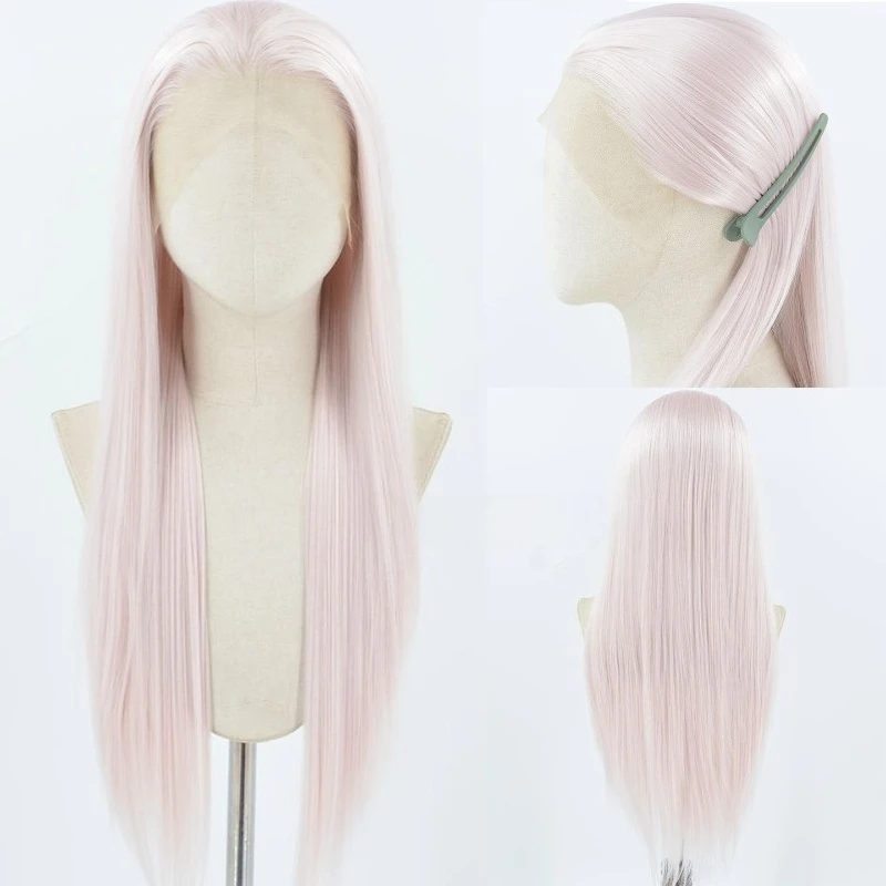 Hand Tied Glacier Light Pink Lace Front Wig Blank, Long Straight High Temp Fiber Wig, Cosplay Hairpiece for Styling & Party