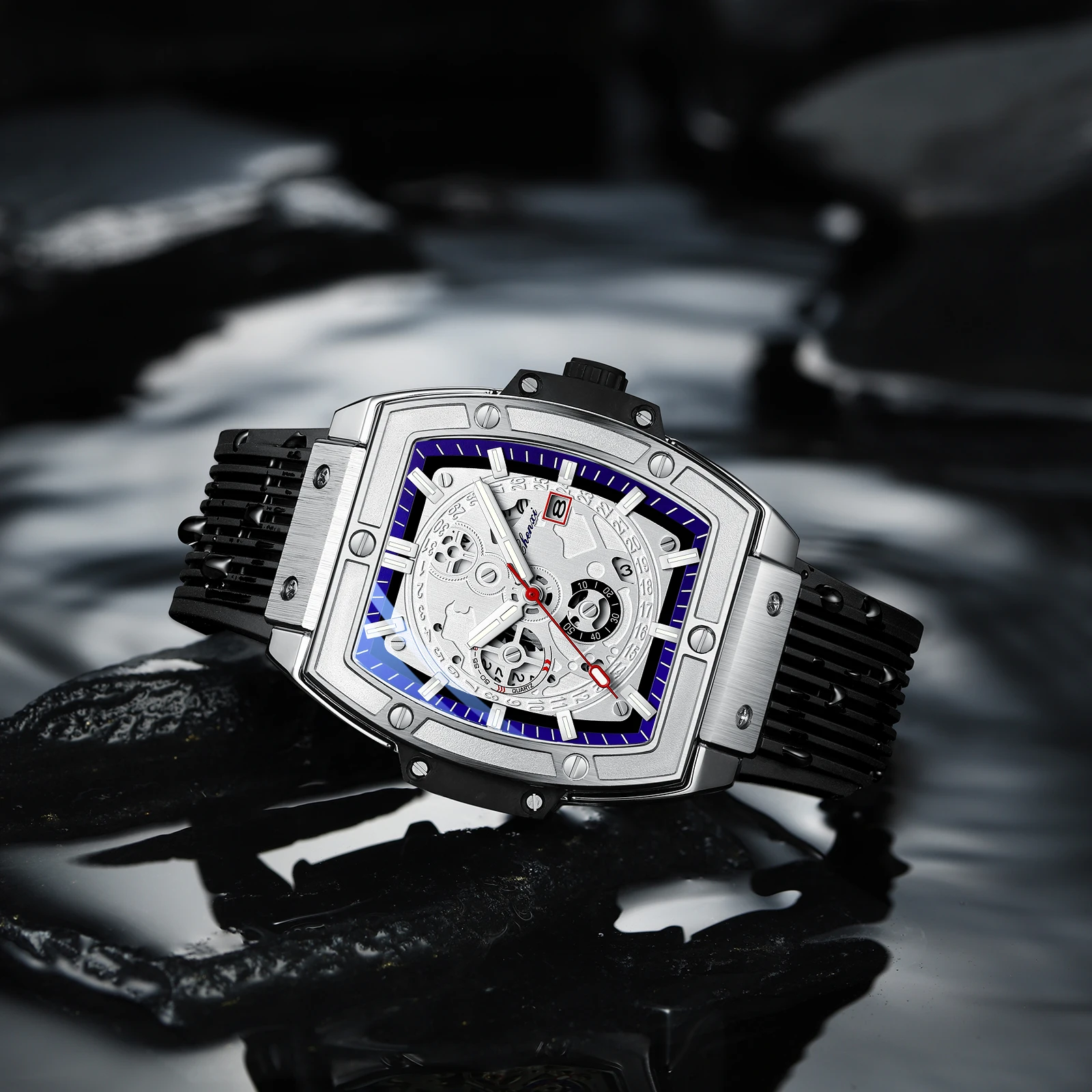 CHENXI 8251 Relógio de quartzo masculino barril de vinho quadrado calendário legal relógio com fita de silicone luminosa à prova d'água