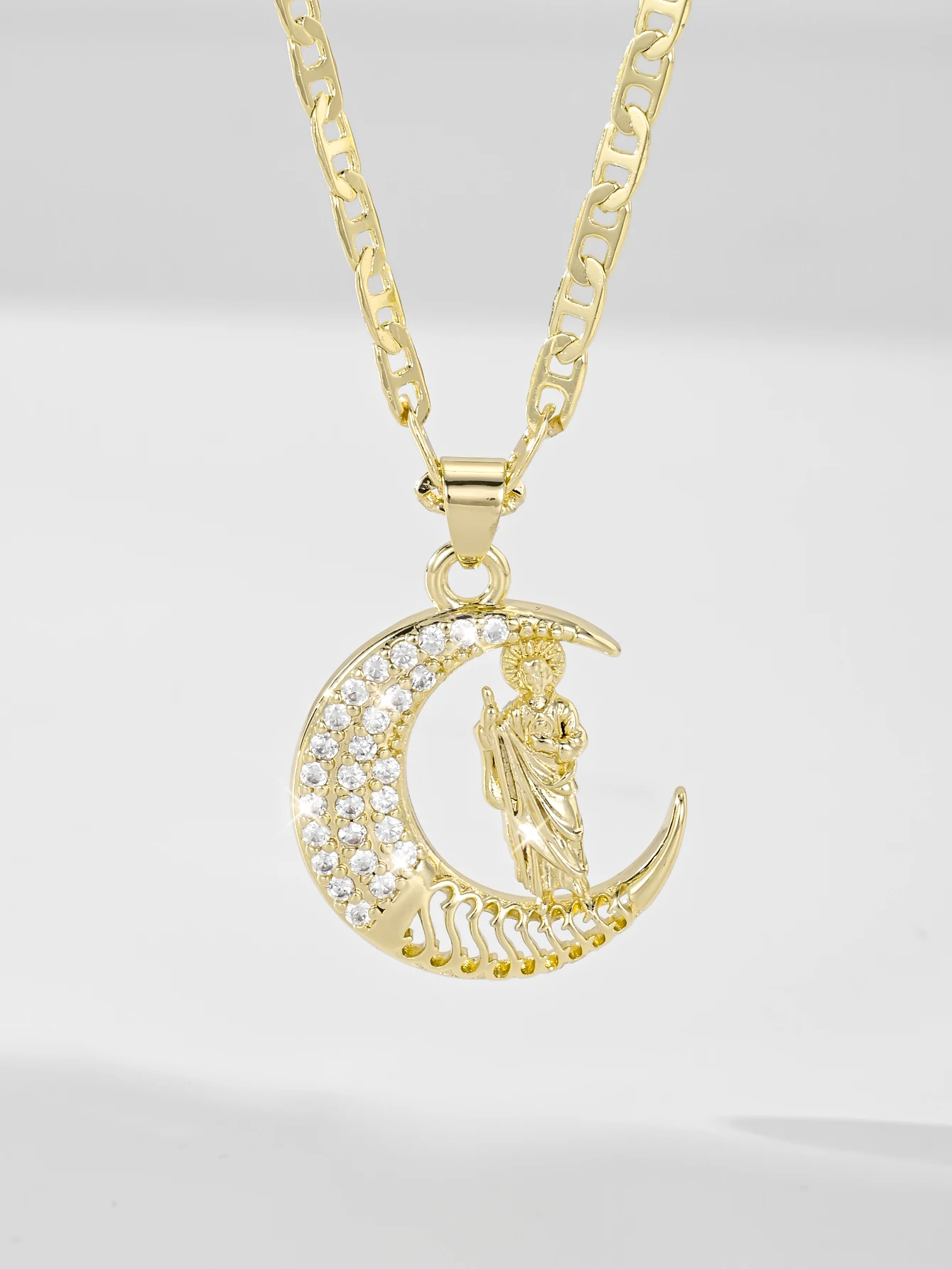 

St. Jude Crescent and Moon Pendant Necklace with Embellishment - Gold Chain, Elegant Celestial Jewelry Gift for Women