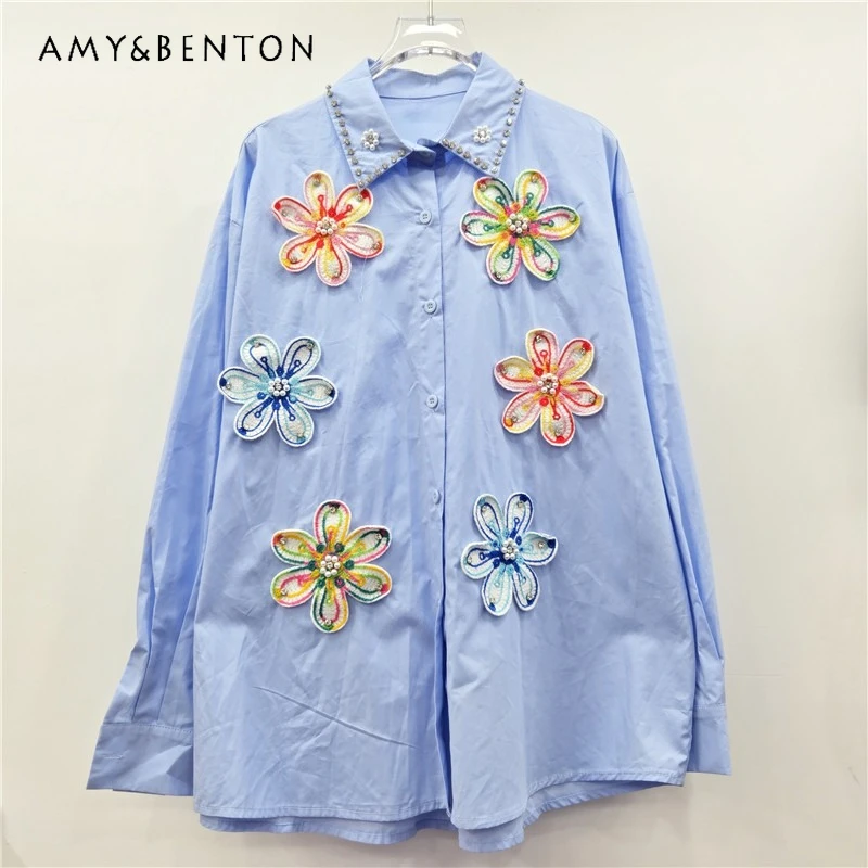 

French Style Autumn New Fashion Blouse Three-Dimensional Colorful Knitted Flower Loose Long-Sleeved Mid-Length Shirt For Ladies