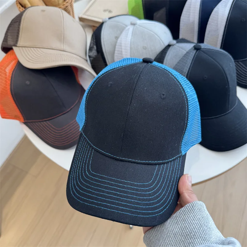 New summer hard-brimmed sunshade baseball cap for men, trendy pure black casual mesh cap with slightly curved brim