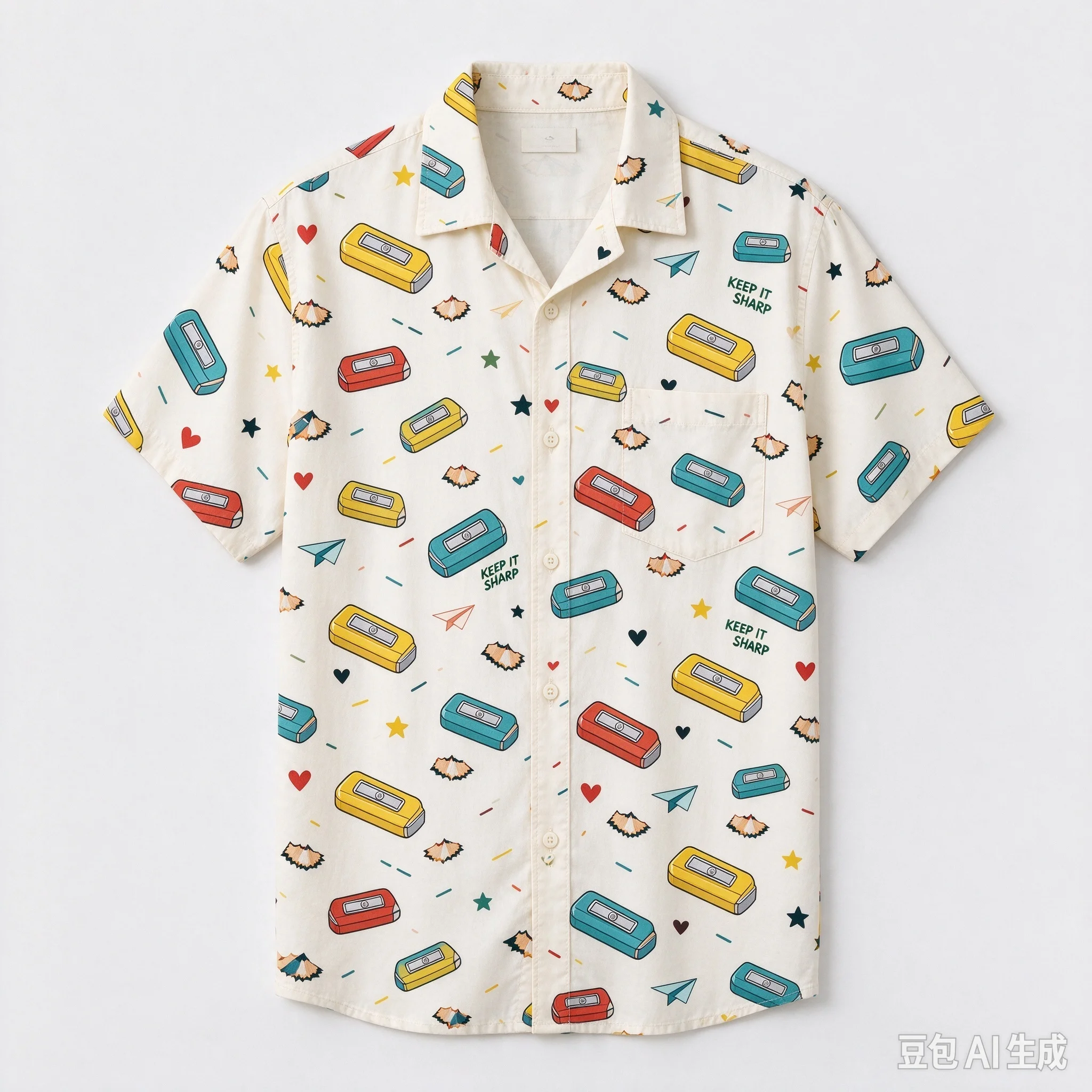 Men Women Unisex Allover Pencil Sharpener Print Short Sleeve Shirt, Casual Button Down Tops, Loose Fit Cotton Linen Creative
