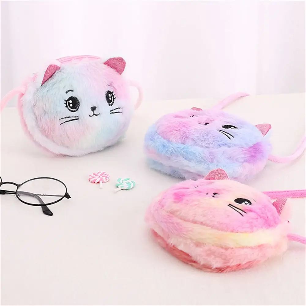 Kids Mini Lovely Pockets Rainbow Color Cute Cat Messenger Shoulder Bag Purse Plush Stuffed Dolls Bag Soft Handbags for Girls