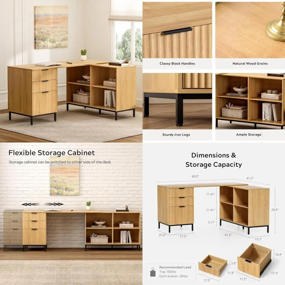 

60-inch Modern Fluted Wood Desk with Storage for Flexible Home Office Use, Convertible Standing Desk