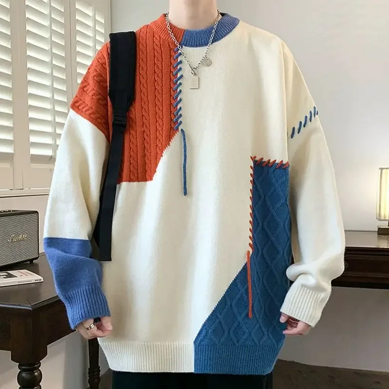 Man Panelled Contrast O-neck Sweater 2024 Autumn Winter Vintage Loose Long Sleeves Knitted Pullover Fashion Casual Male Jumper
