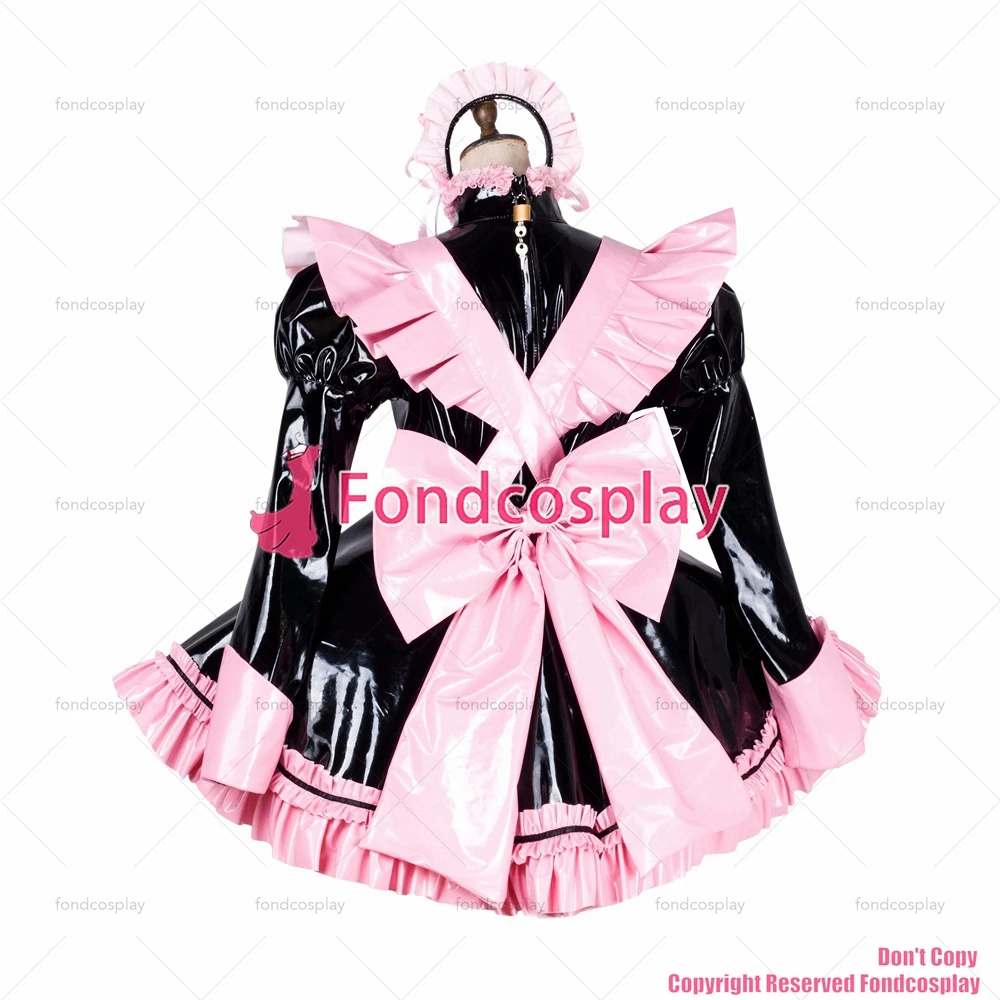 Fondcosplay adulto sexy cross dressing sissy maid bloccabile nero pesante PVC vinile vestito uniforme rosa grembiule CD/TV[G1797]