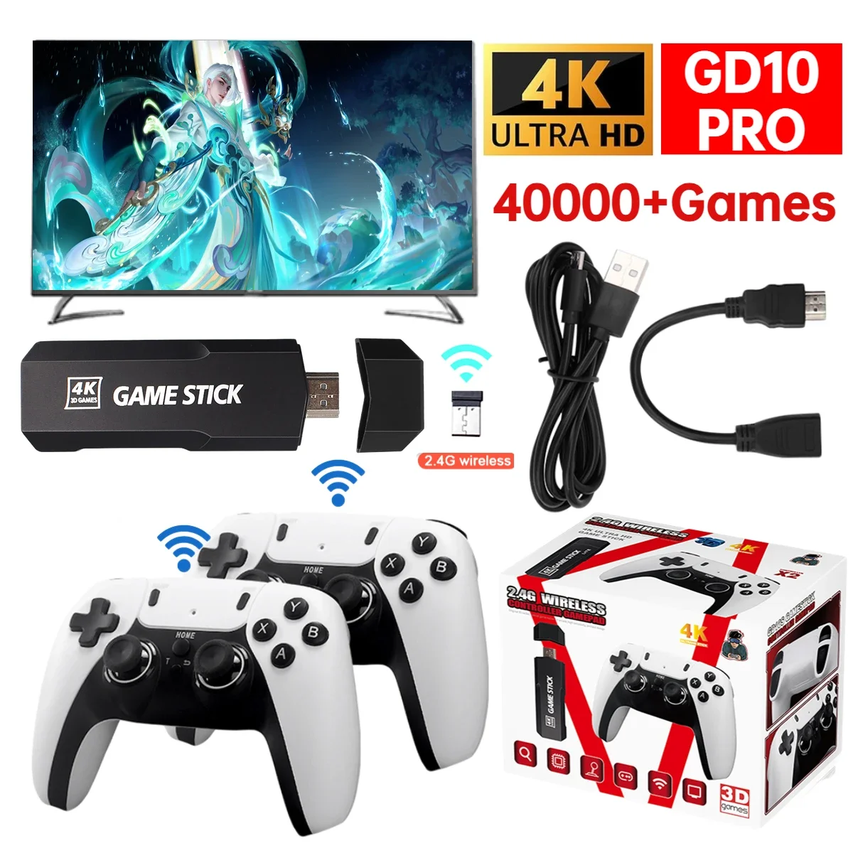 GD10/GD10 PRO Retro TV Games Console HD 4K 2.4G Double Wireless Controller 40000+ Games 128GB Video Game Stick Christmas Gifts