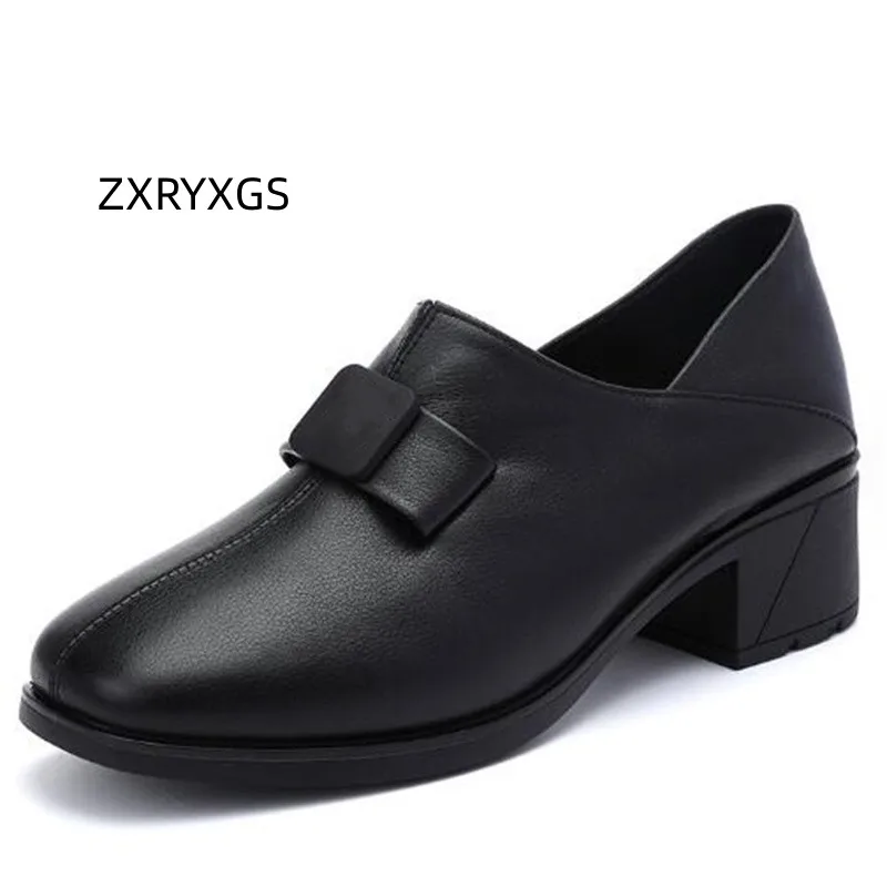 

ZXRYXGS Top Soft Cowhide Round Toe Deep Cut Single Shoes High Heels 2024 Spring British Women Leather Shoes Loafers Two Wearing