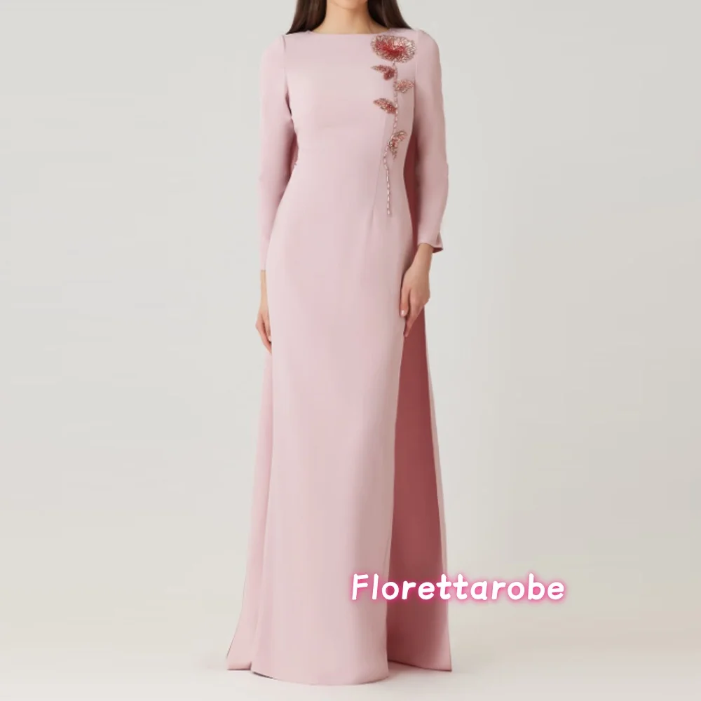 

Customized Pink O-Neck Long Sleeves Straight Mother of the Bride Dresses for Women Elegant Beads Formal Wedding Guest Gown