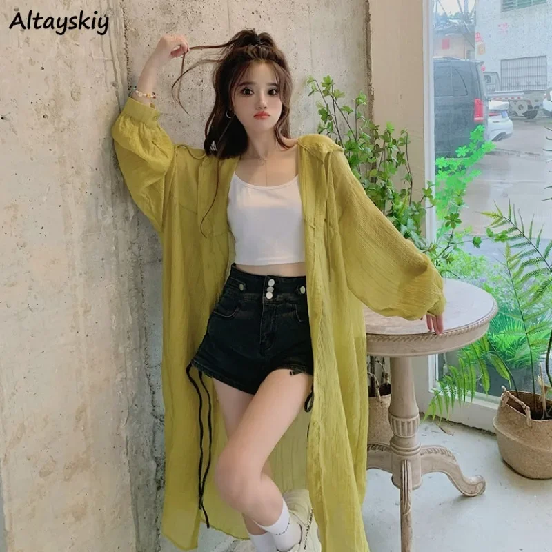 

Long Solid Jackets Women Spring Summer Hooded Loose Sun-proof Elegant All-match Casual Simple Cozy Soft Breathable Thin Chic