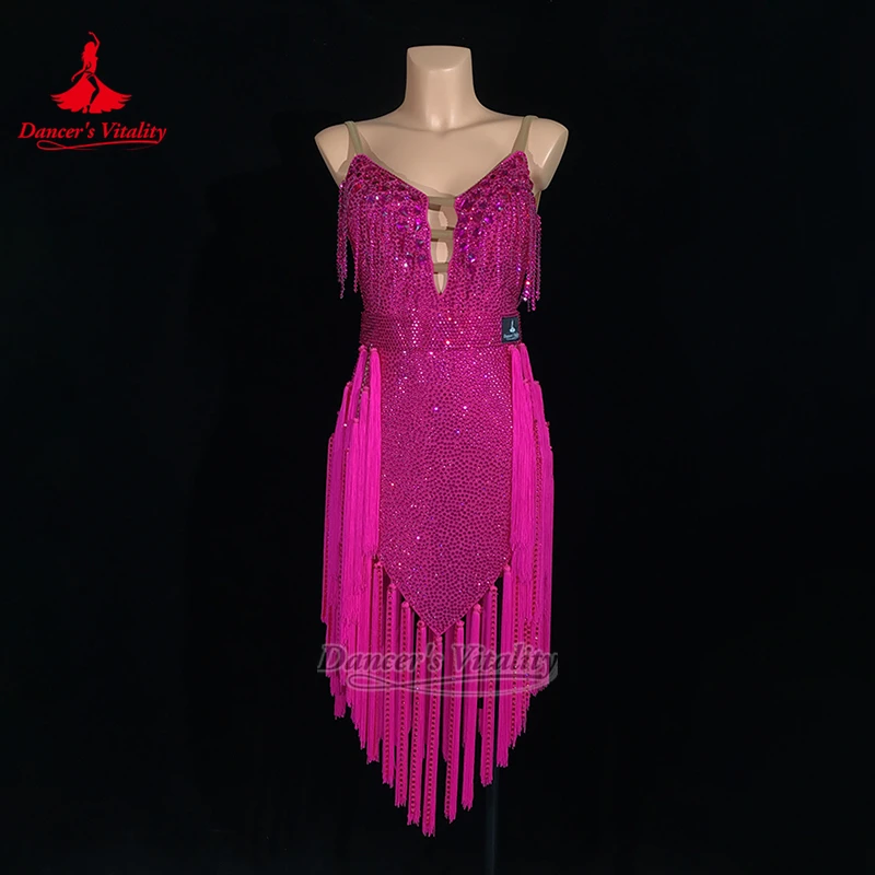 Adult Blackpool Dance Festival Latin Dance Sexy High Split Tassels Dress Child Deep-V Jive Dancing Wear Custom Dancer's Vitality