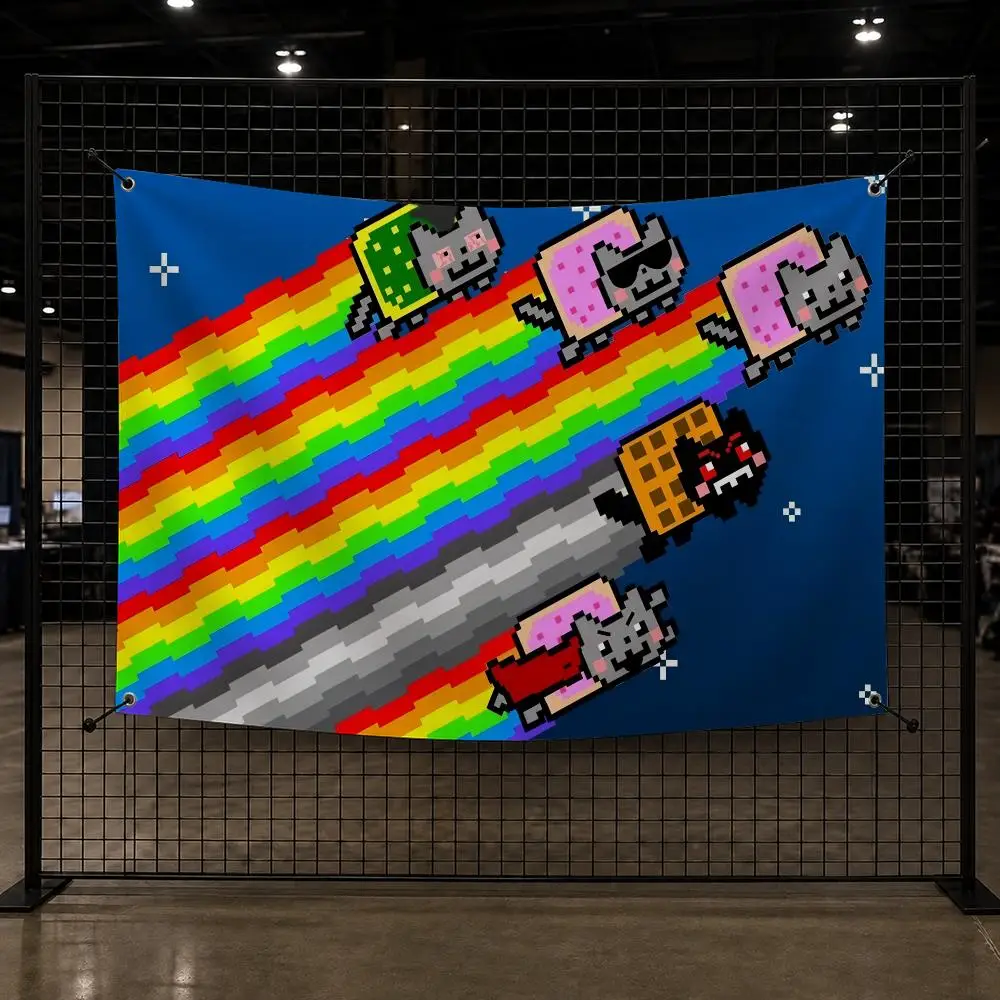 Anime N-Nyan Cat Pixel Game Flags Custom Wall Hanging Background Art Banner For Bedroom Home Living Room Outdoor Decor