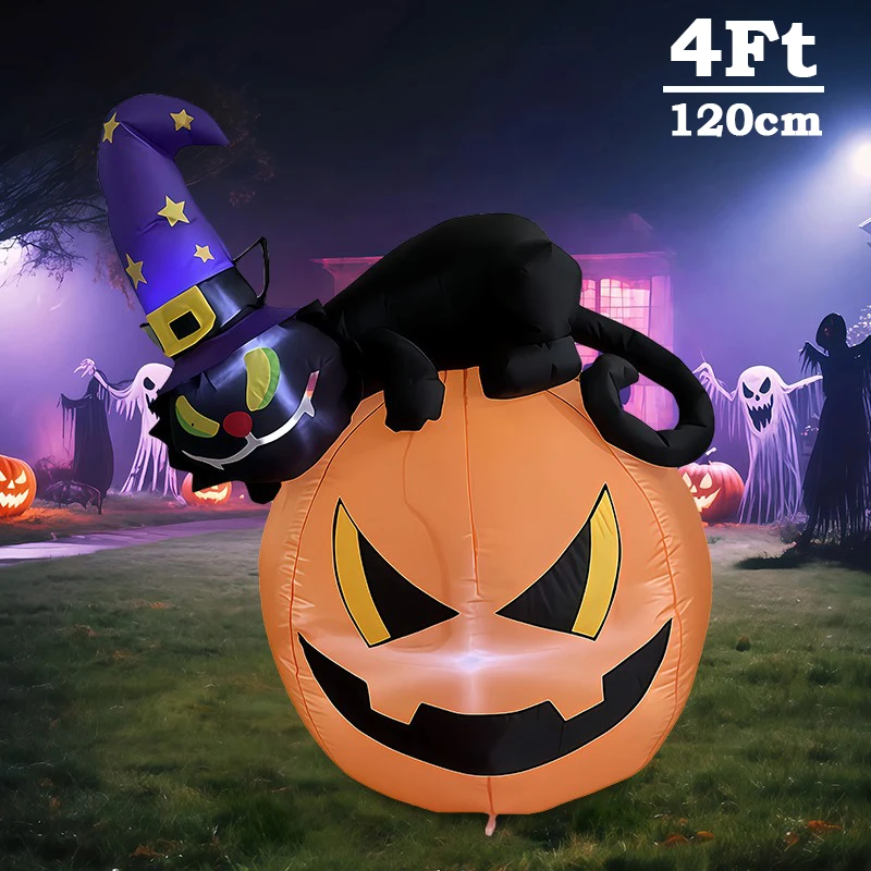 4Ft Halloween decor props Pumpkin Wizard Black Cat Inflatable air model outdoor indoor LED lighting Horror Festival Decorations