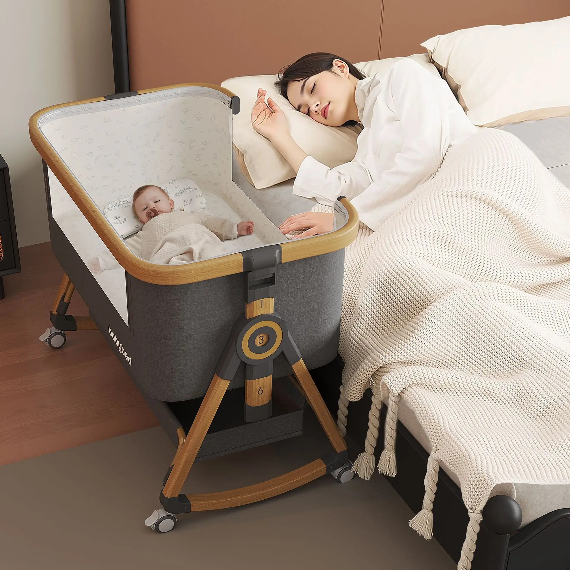 5-in-1 Aluminum Alloy Baby Bed - Portable Foldable Crib with Adjustable Height, Co-Sleeper Bassinet & Lockable Wheels