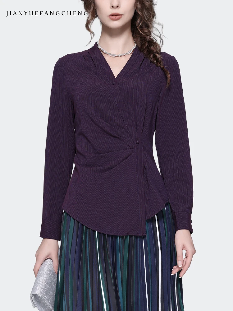 2023 autunno nuove donne che allungano la camicia a maglia viola irregolare manica lunga con scollo a v elegante Slim Cinch vita a righe top