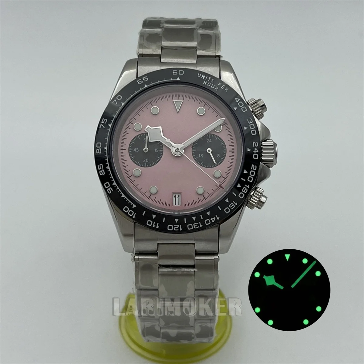 

Мужские кварцевые часы 39 мм с механизмом VK64, браслет из нержавеющей стали, сапфировое стекло, снежинка, стрелки, циферблат, дата на 6 часов