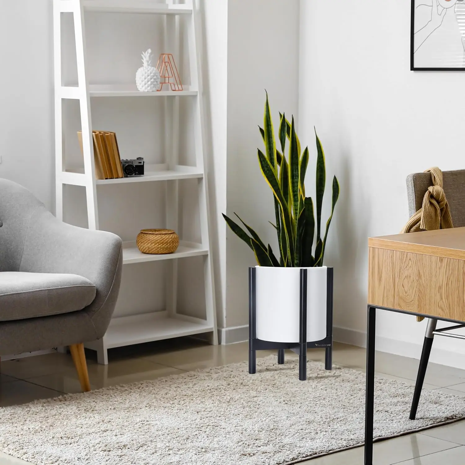 

Planter Pot with Stand - 12 Inch Plastic Cylinder Flower Pot with Wood Planter Holder for Indoor, Matte White Pot + Ebony Stand