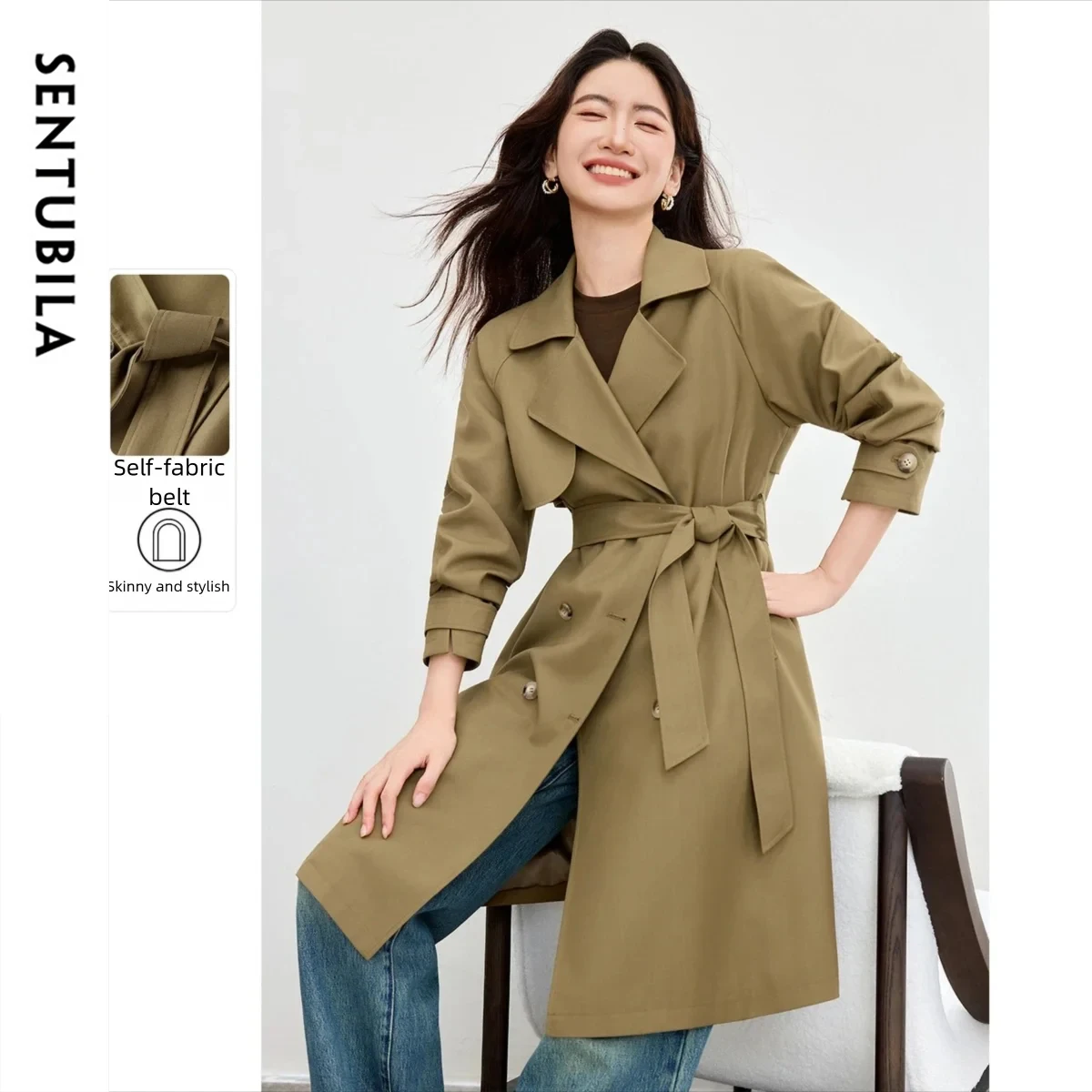 

SENTUBILA женские плащи с отложным воротником, свободное длинное пальто с длинными рукавами, осень 202, одежда со съемным поясом 153FB3147