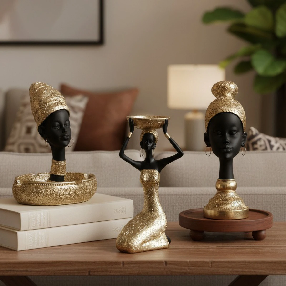 

Скульптура в африканском стиле из смолы (черный и золотой), многофункциональный декор/подсвечник для стола/полки, роскошный домашний акцент