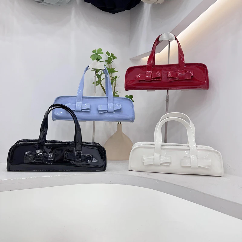 Double Bow Single Shoulder Patent Leather Handbag Large Capacity Soft Surface PU Underarm Bag Fashionable Red Shopping Bag