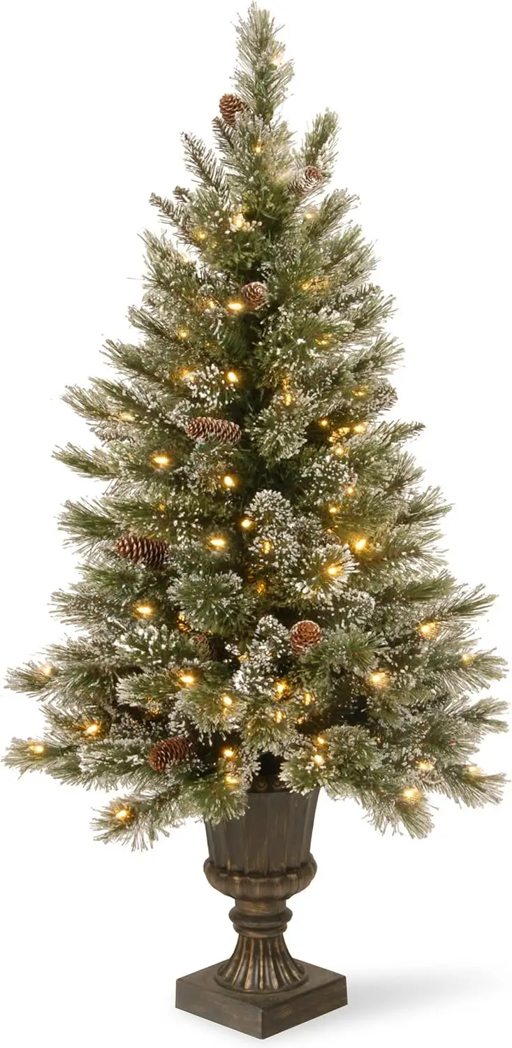 

National Tree 5 Foot Glittery Bristle Pine Entrance Tree with Glittered Branches, White Tipped Cones and 150 Clear Lights