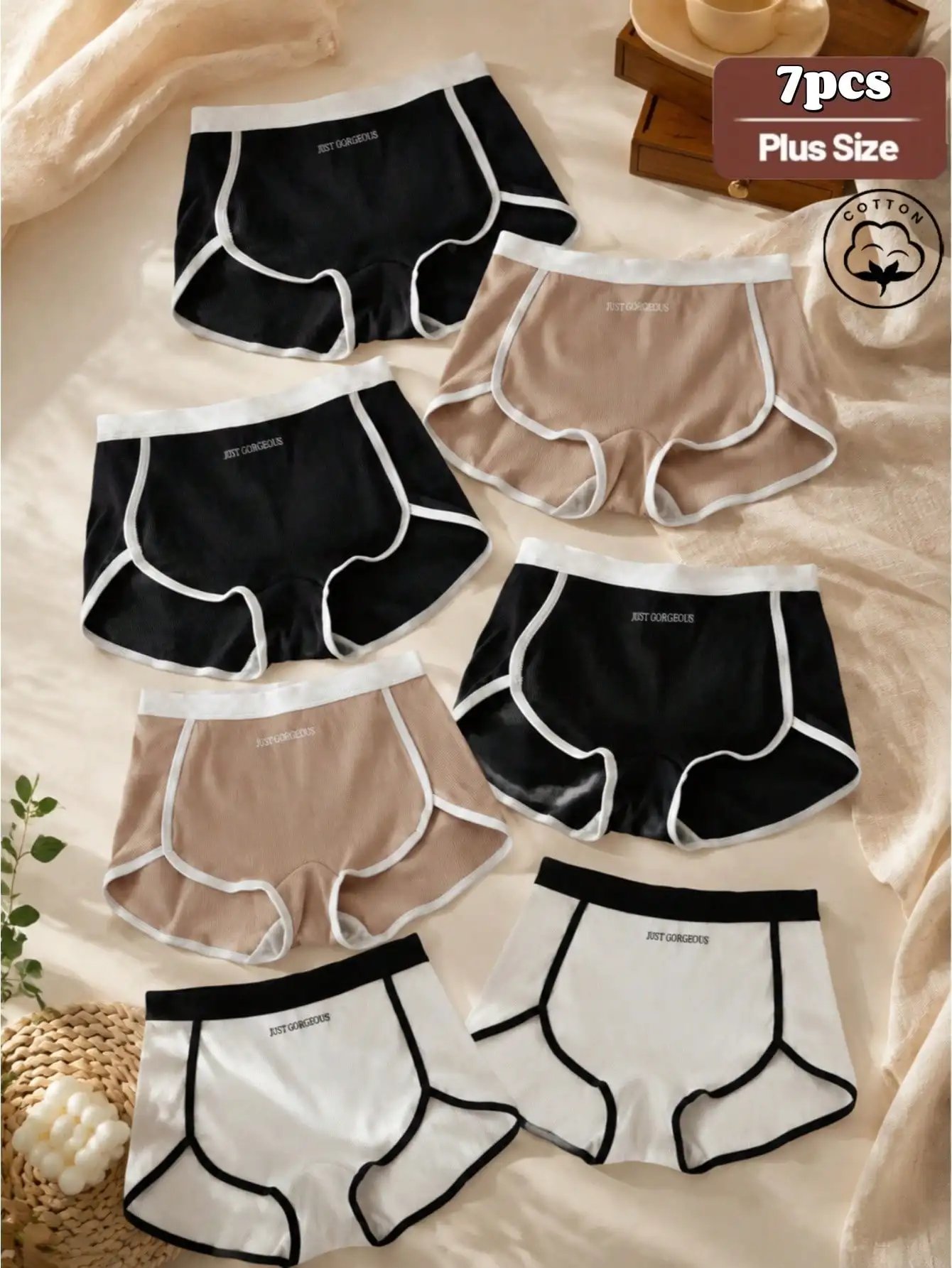 7PCS Plus Size Women Cotton Boyshort Underwear, Contrast Trim Letter Mid Waist Soft Ribbed Solid Basic Daily Panties Multi Color