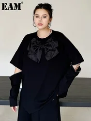 [EAM] Women Black Three-dimensional Bow Zipper Big Size T-shirt New Round Neck Long Sleeve Fashion Spring Autumn 2024 1DH7142