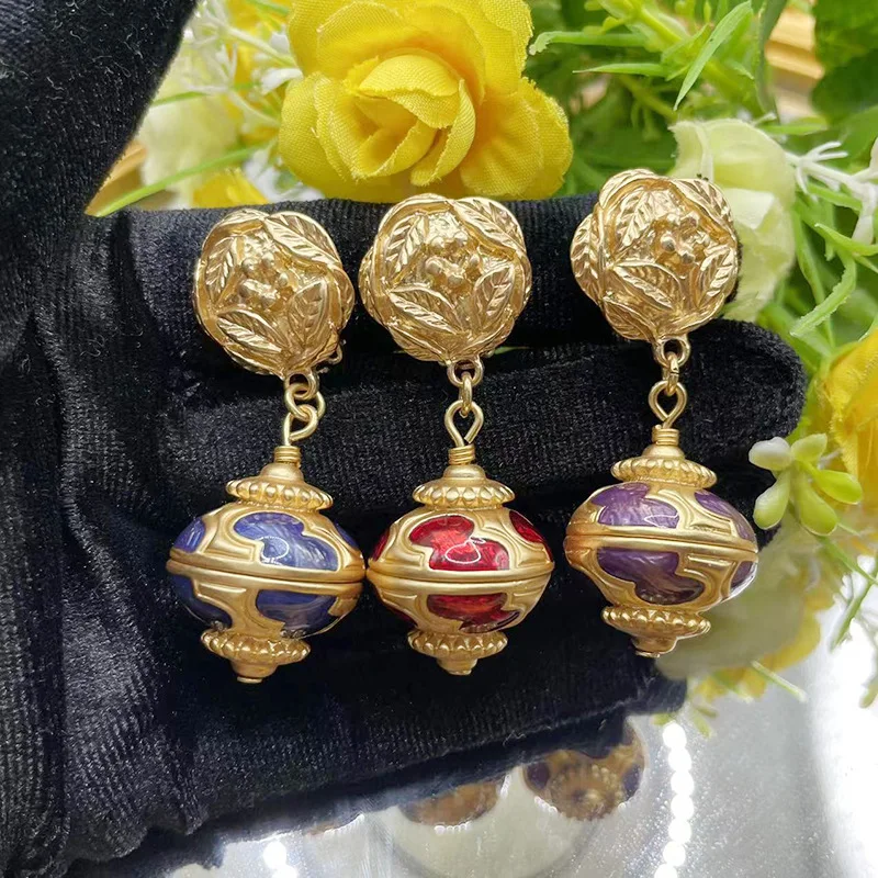 European and American Fashion Vintage Enamel Electric Gold-plated Pendant Eear Clips Stud Earrings Women's Jewelry