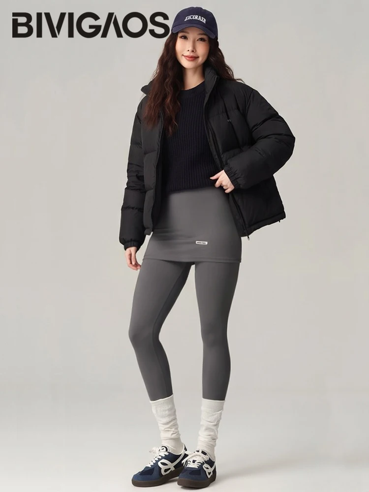 BIVIGAOS Autumn Winter Velvet Fake Two Piece Package Hip Skirt Leggings Women High Waist Tight Sexy Thick Warm Leggings ﻿