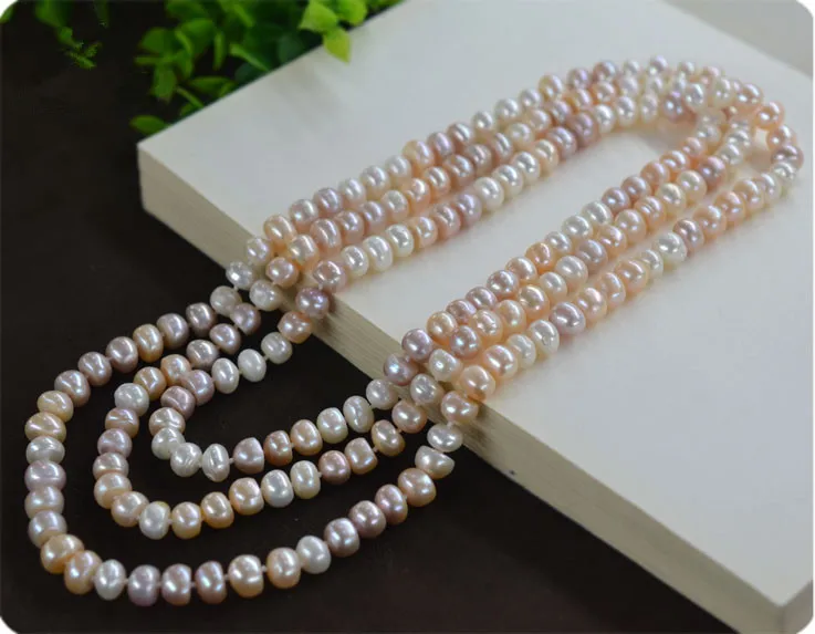 Original design 120 cm necklace natural mix colour 5 x8mm steamed bread pearl long sweater chain fashion jewelry