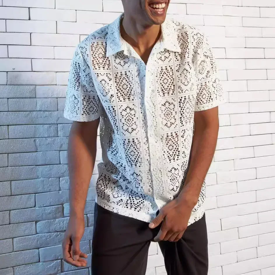 

Fashion Men Shirt Mesh Lace Transparent Streetwear Lapel Short Sleeve Button Camisas Party Sexy Men Transparent Party Clothing