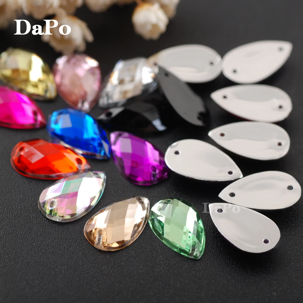 New 10*14mm100pcs 2 Holes Raindrop Acrylic Shine Crystal Colorful Rhinestones Sew on Stones for Clothing Dress DIY Decor Jewelry