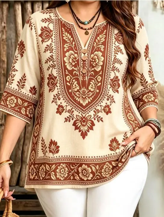 Women 3/4 Sleeve V‑Neck Blouse Button Decor Bohemian Border Floral Print Casual Daily Ladies Tops