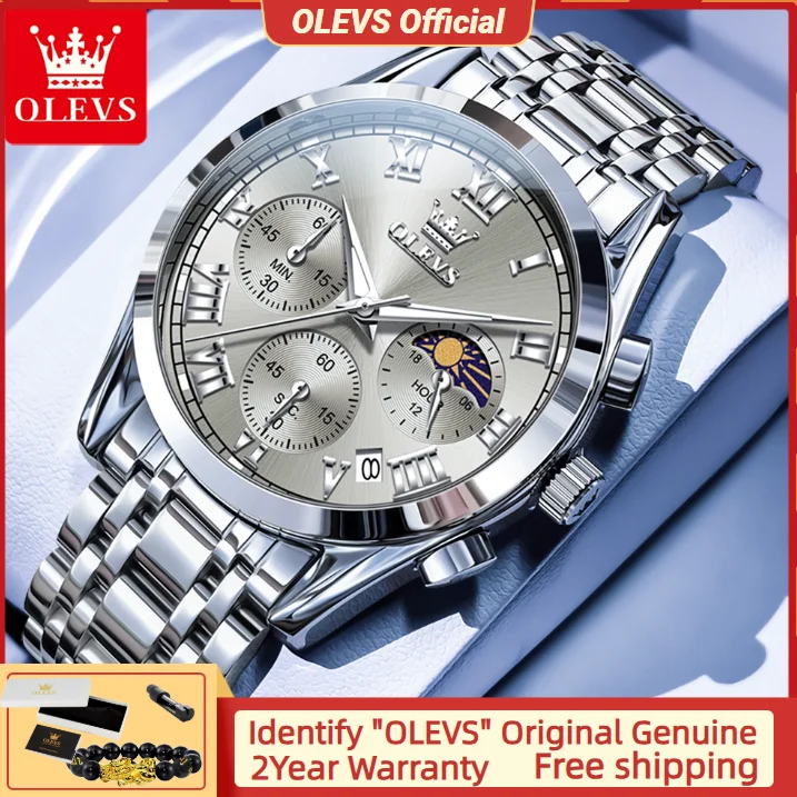 

OLEVS 2871, мужские часы из нержавеющей стали, водонепроницаемые светящиеся кварцевые мужские часы с фазой Луны, автоматические часы с датой