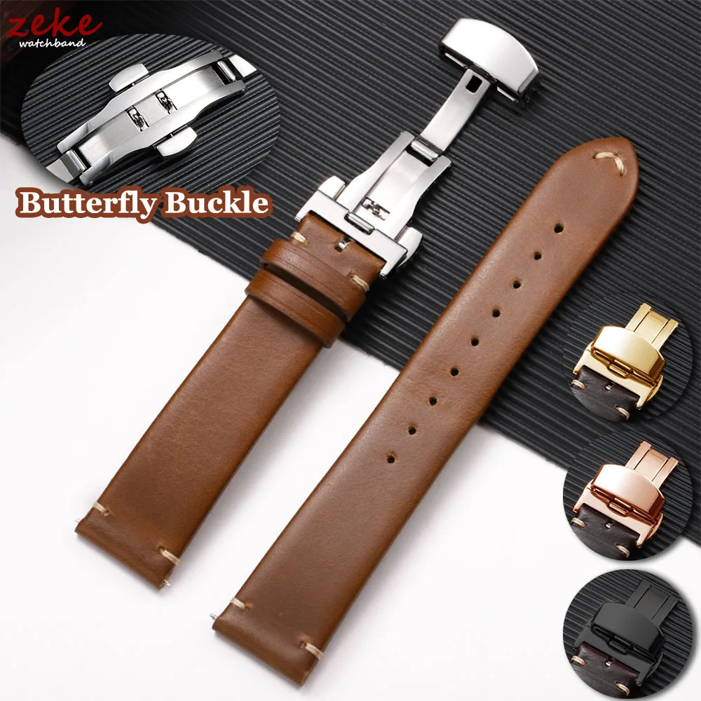 

18/20/22mm Bracelet for Seiko Vintage Brown Leather Watch Band Butterfly Buckle Stitching Cowhide Strap for Omega Wirstband Belt