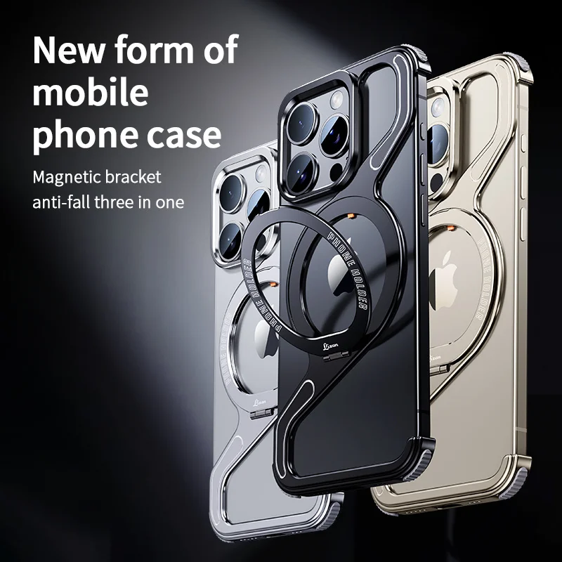 

Magnetic Metal Snap-on Phone Case For Iphone 13 14 15 16 Pro Max Z Shape Geometry Stand Holder Magsafe Cover For IPHON 16 Promax