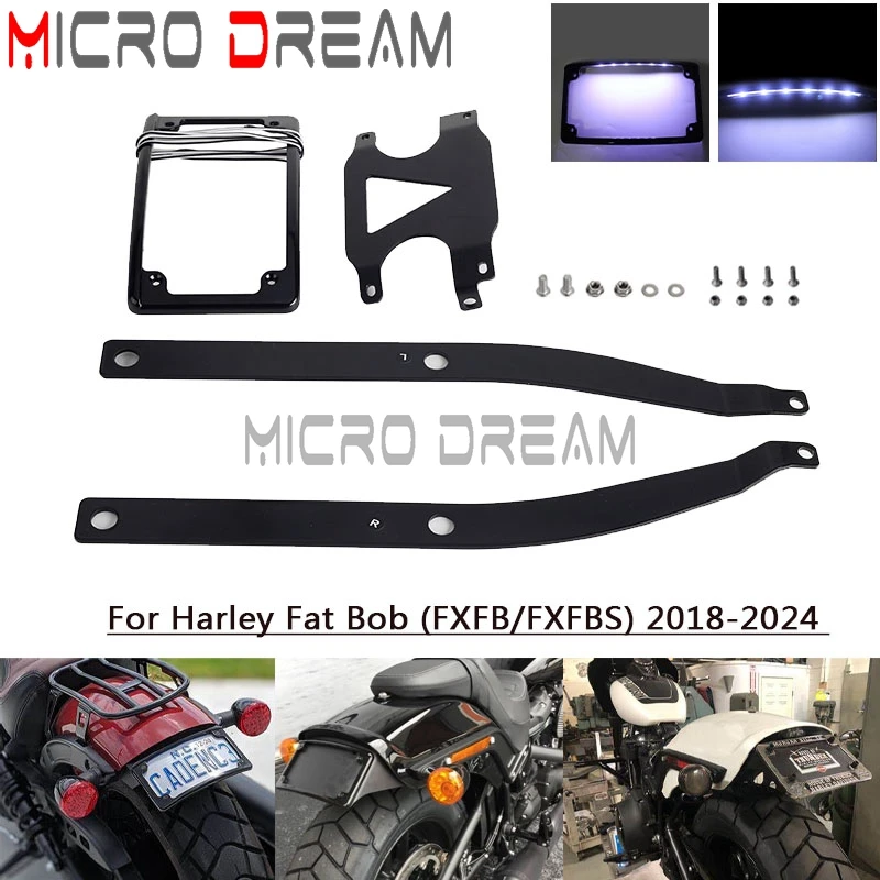 

Curved License Number Holder Bracket Mount LED Number Plate With Frame Lamp For Harley Softail Fat Bob FXFB FXFBS 2018-2024