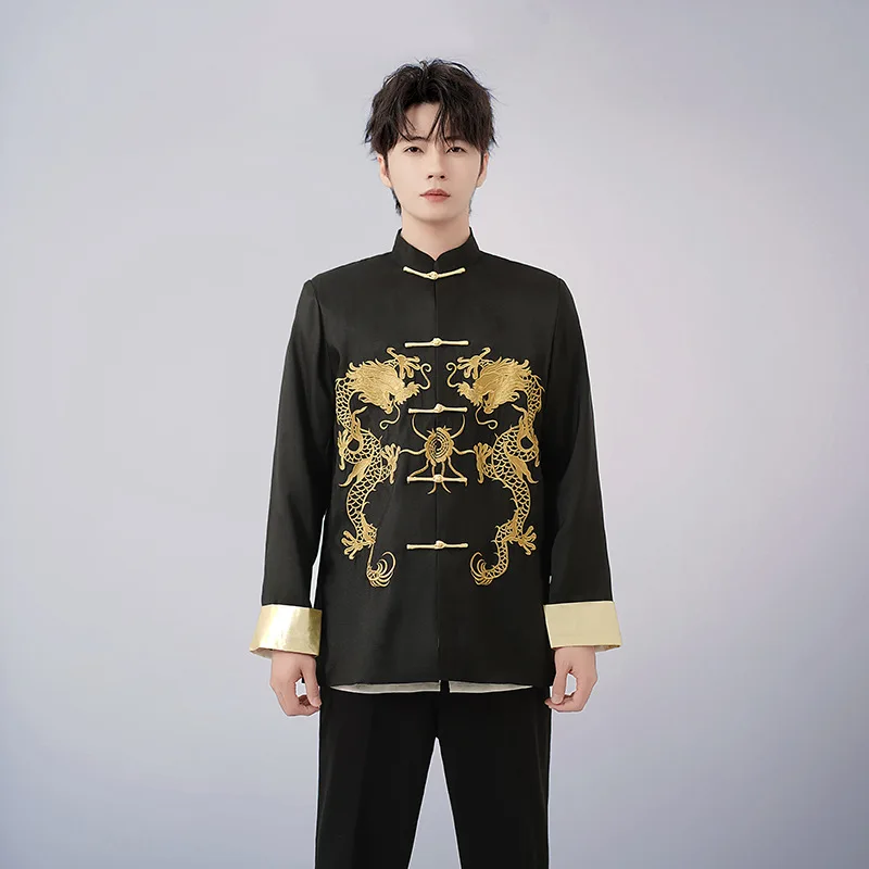 التنين الصيني التطريز قميص الكونغ فو معاطف تانغ دعوى الملابس الصينية التقليدية للرجال السترات Hanfu الرجال الملابس