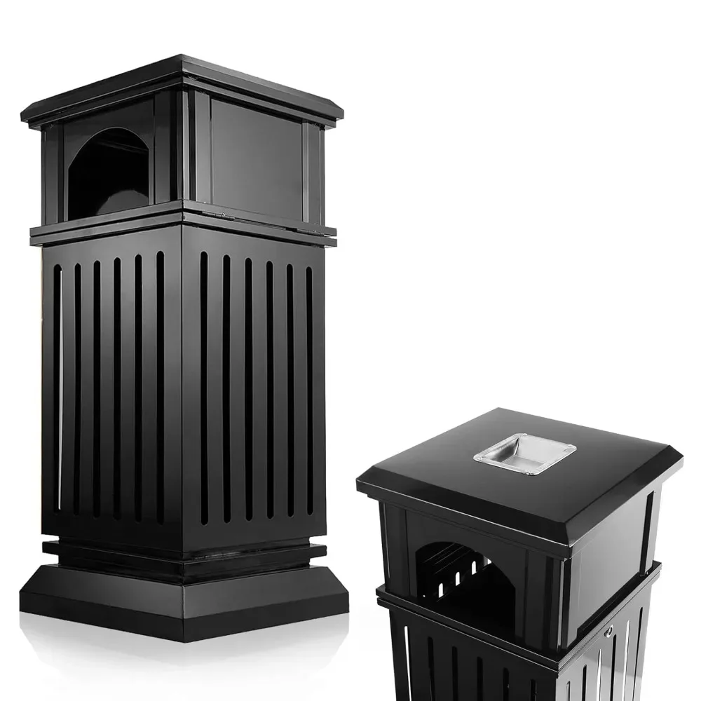 

Commercial Trash Can with Lid, Black Outdoor Garbage Can for Patio, Side Opening Steel Square Commercial Waste Bin