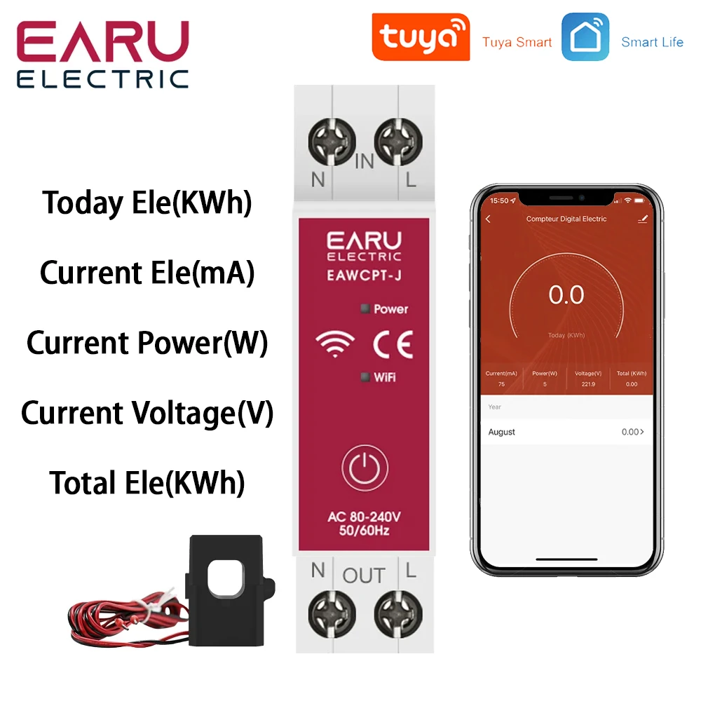 Tuya Smart Life App WiFi Energy Meter AC 110V 230V 63A With Current Transformer Clamp KWh Power Monitor Electricity Statistics