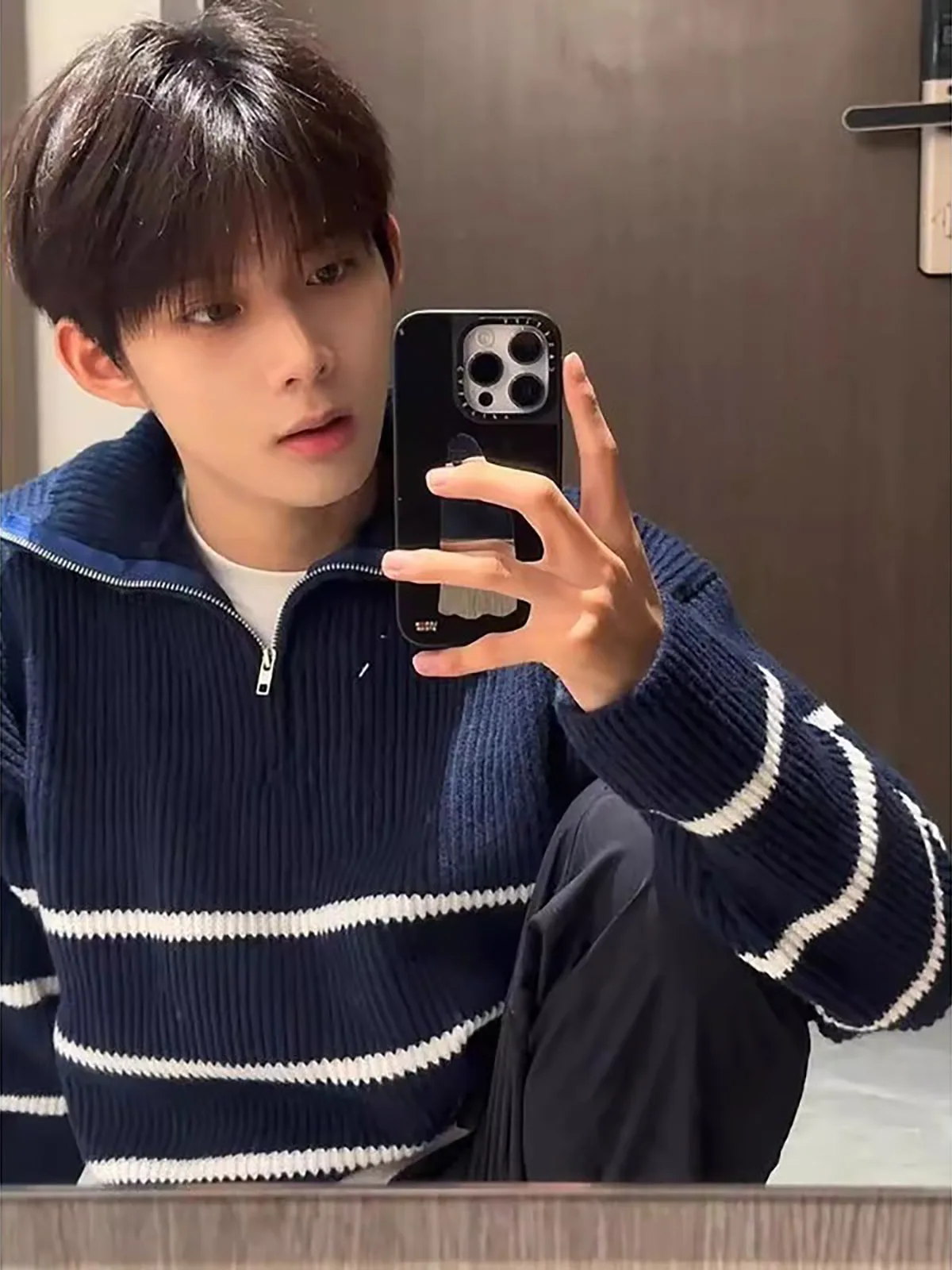 

Мужской модный теплый вязаный свитер Thiened Long Sve с воротником-стойкой на молнии, в полоску, для повседневной носки...