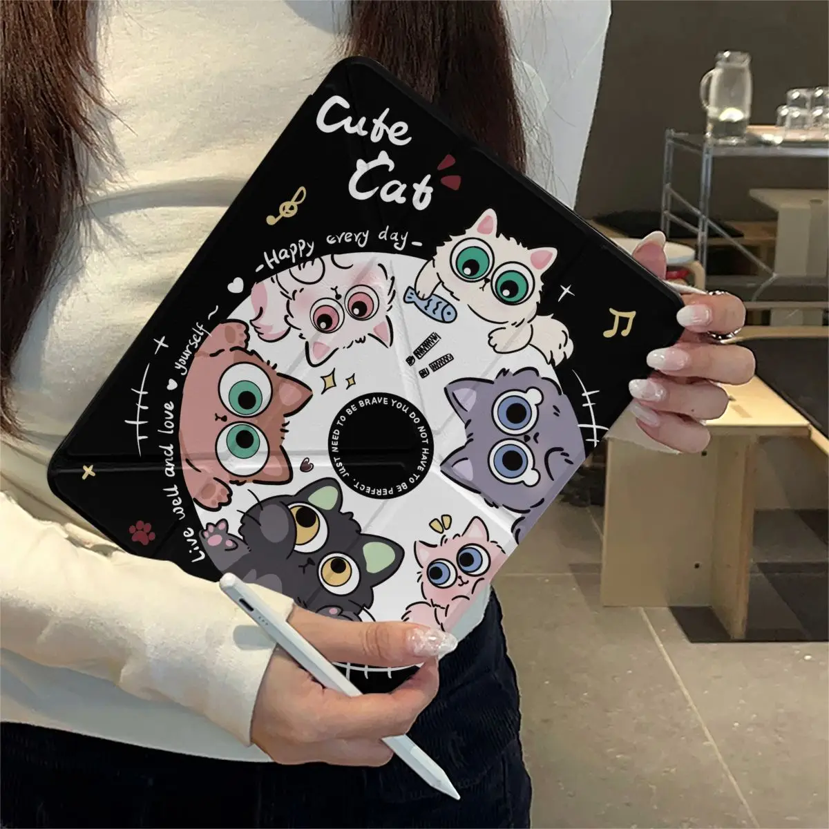 

Чехол для iPad Pro Air M5 M4 M3 M2 13'' 2 1 11th A16 12.9" 10 9 8 7 6 5 Th Mini 7 6 8.3" с дизайном «Милый кот» и английским текстом на виниловой пластинке