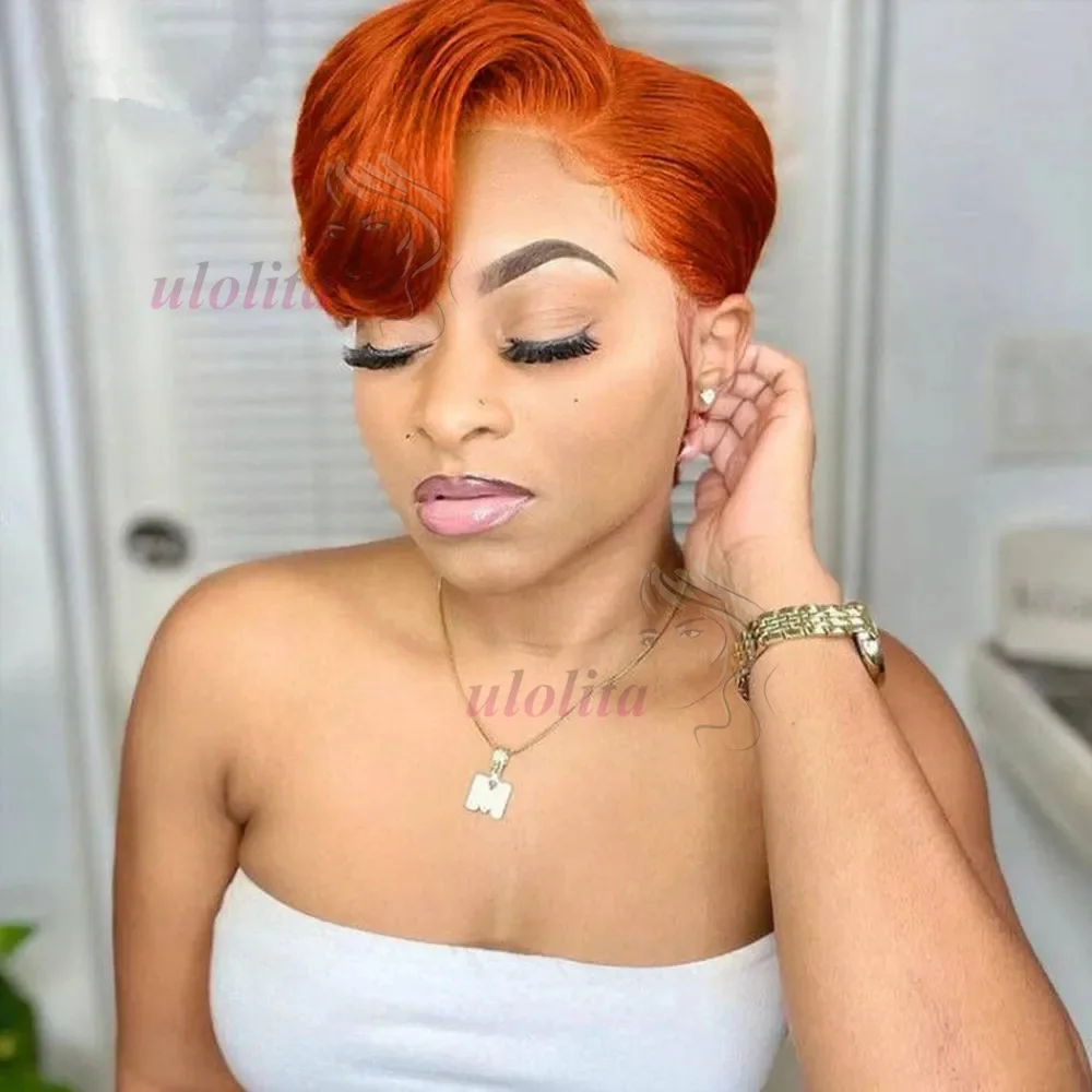 Ginger 13x4 Lace Frontal Perücke aus brasilianischem Remy Echthaar für schwarze Frauen, gewellter, vorgezupfter Haaransatz, 613 kurzer Bob mit Pony – Detail 6