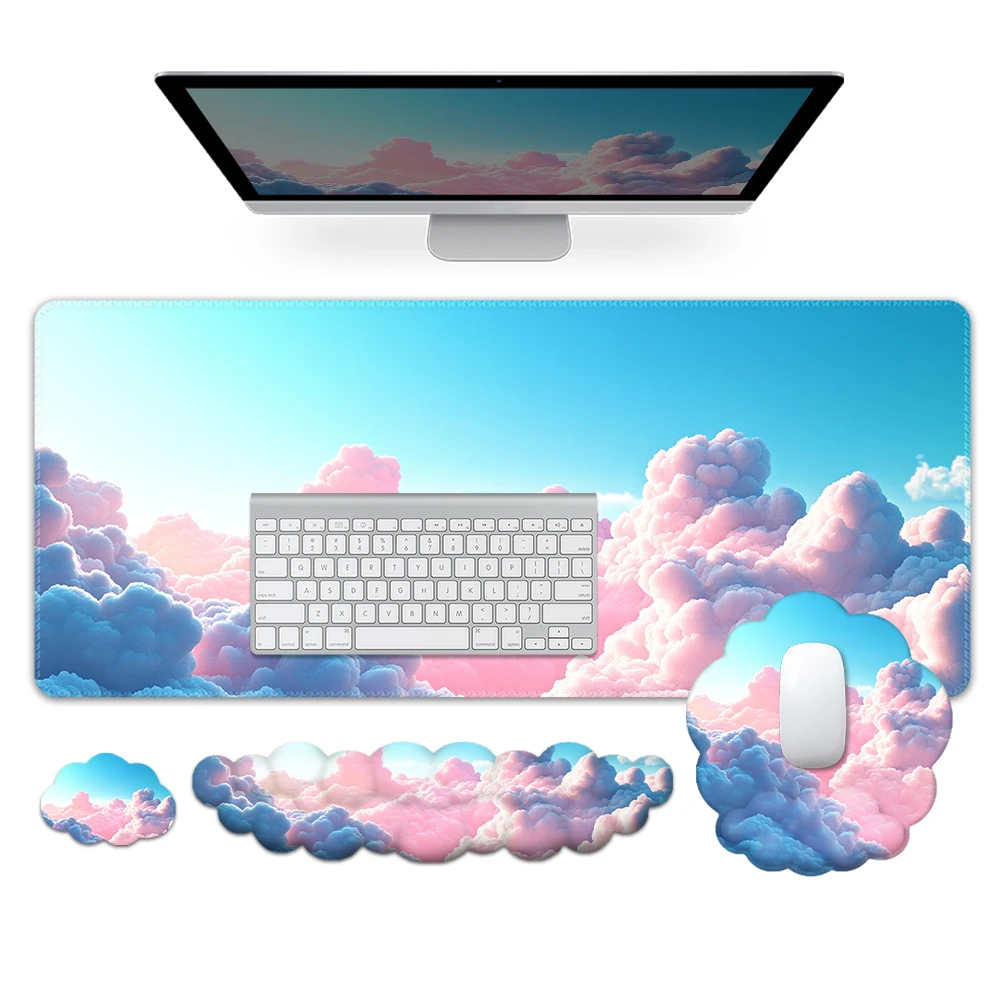 Blue and Purple Cloud Mouse Pad Wrist Pad Four-Piece Set - relieve wrist pain, ultra-smooth surface, suitable for office use